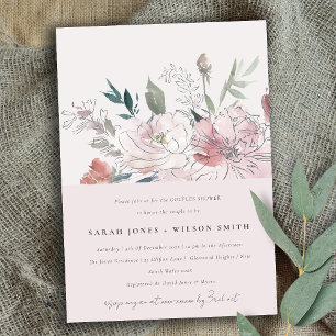 Chic Dusky Blush Wasserfarben Blumenpaare Dusche Einladung