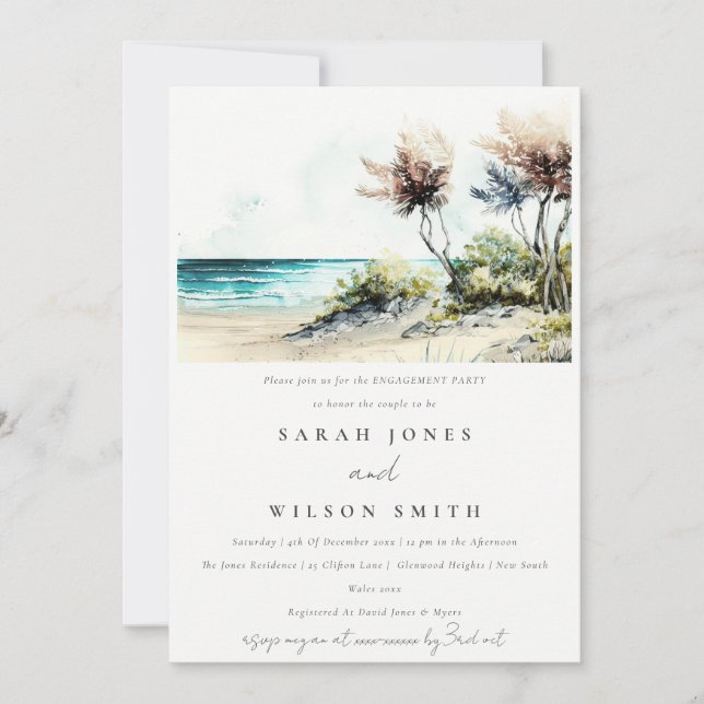 Chic Dusky Coastal Palm Beach Seascape Verlobung Einladung (Vorderseite)