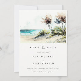 Chic Dusky Coastal Palm Beach Wasserfarbe Seascape Save The Date
