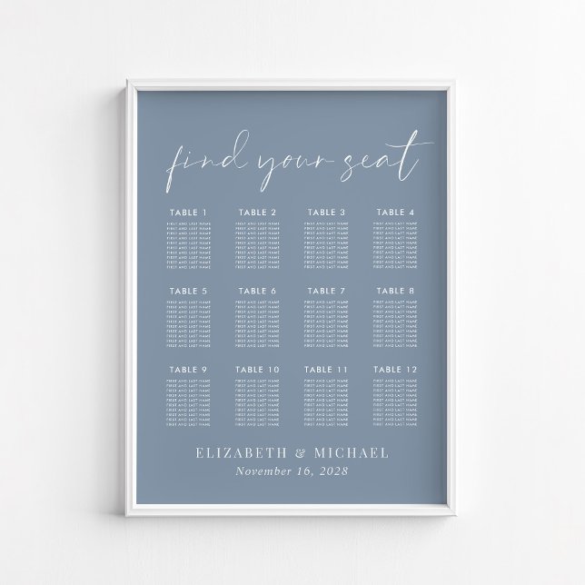 Chic Dusty Blue 12 Table Wedding Seating Chart Poster (Von Creator hochgeladen)