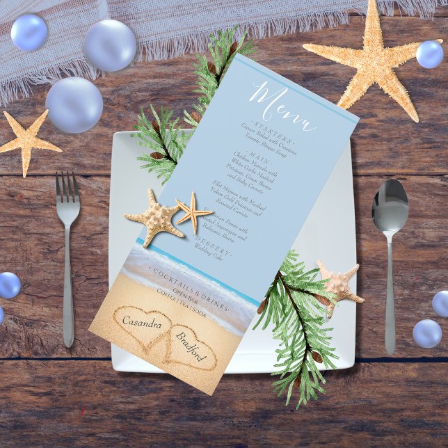 Chic Dusty Blue 2 Herz am Strand Hochzeit Menükarte (Von Creator hochgeladen)