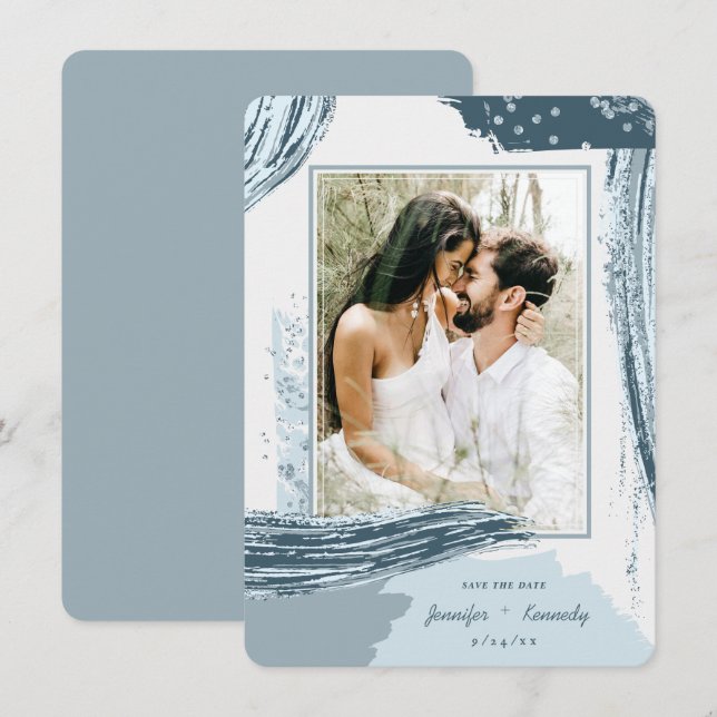 Chic Dusty Blue Abstrakt Paint Brush Strokes Foto Save The Date (Vorne/Hinten)