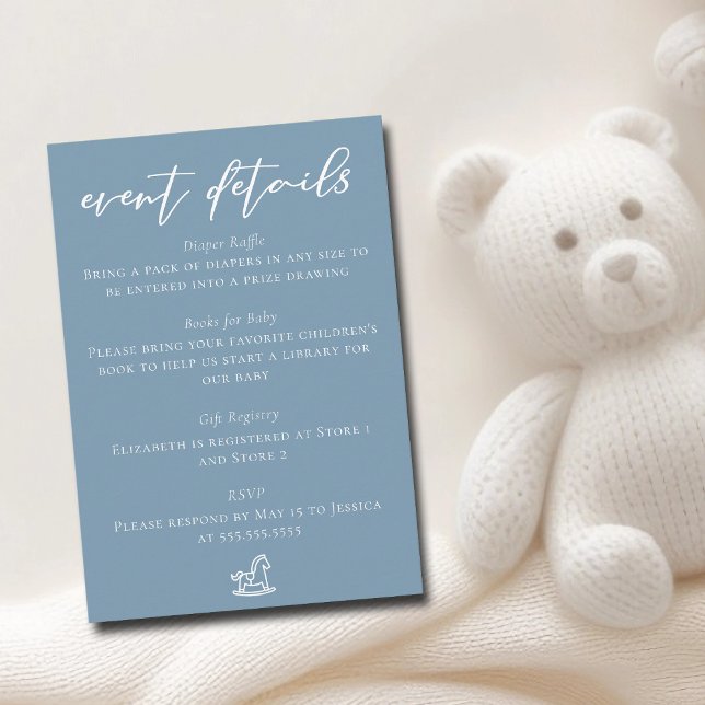 Chic Dusty Blue Baby Shower Event Details Begleitkarte (Von Creator hochgeladen)