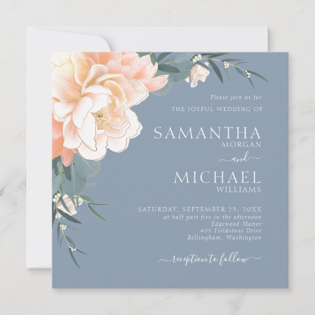 Chic Dusty Blue Blush Peach Gold Floral Wedding Einladung (Vorderseite)