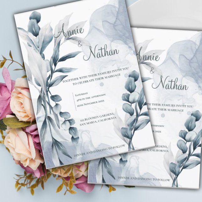 Chic Dusty Blue Eucalyptus Blätter Elegante Hochze Einladung (Chic Dusty Blue Eucalyptus Leaves Elegant Wedding Invitation)