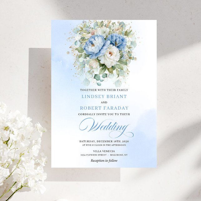Chic Dusty Blue Floral Botanical Wedding Invite Einladung (Chic Dusty Blue Floral Botanical Wedding Invitation)
