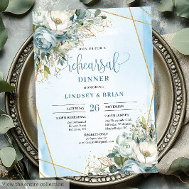 Chic Dusty Blue Floral Gold Glitzer Dinner Einladu Einladung
