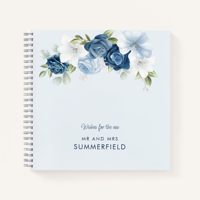 Chic Dusty Blue Floral Wedding Gäestbook Notizbuch (Vorderseite)