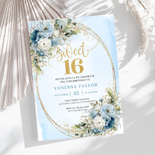 Chic Dusty Blue Florale Gold Sweet Sixteen Einladu Einladung