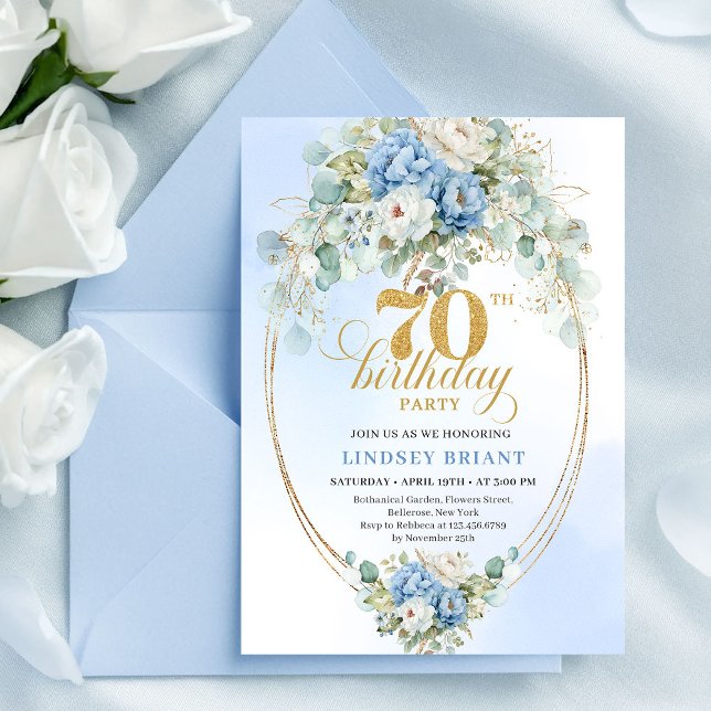 Chic Dusty Blue Flowers 70th Birthday Invitation  Einladung (Chic Dusty Blue Flowers 70th Birthday Invitation Design

)