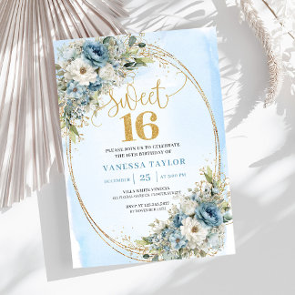 Chic Dusty Blue Flowers Sweet Sixteen Birthday Einladung