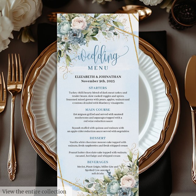 Chic Dusty Blue Flowers White Gold Wedding Menü Menükarte (Chic Dusty Blue Flowers White Gold Wedding Menu

)