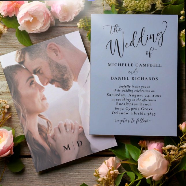 Chic Dusty Blue & Foto Wedding Einladung (Von Creator hochgeladen)
