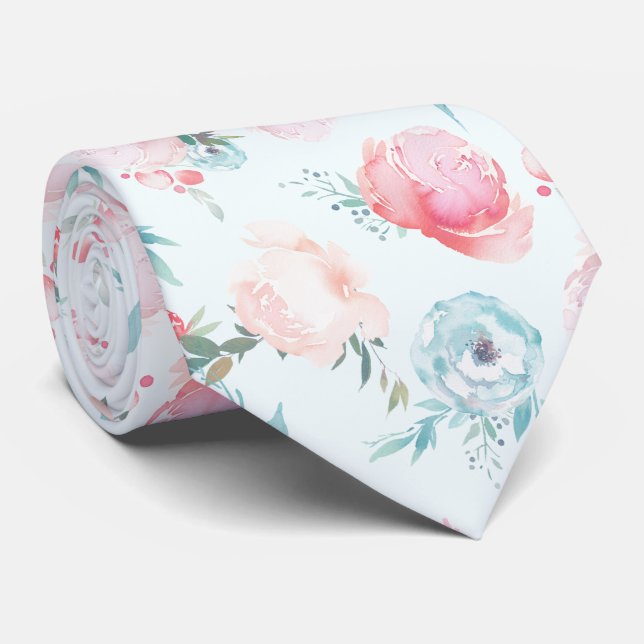Chic Dusty Blue French Garden Floral Peony Muster Krawatte (Gerollt)