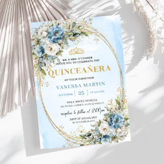 Chic Dusty Blue Gold Greenery Quinceañera Invite Einladung