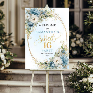 Chic Dusty Blue Gold Sweet 16 Willkommensschild Poster
