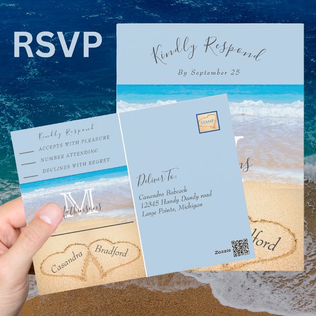 Chic Dusty Blue Hearts Sand Beach Wedding UAWG Postkarte (Von Creator hochgeladen)