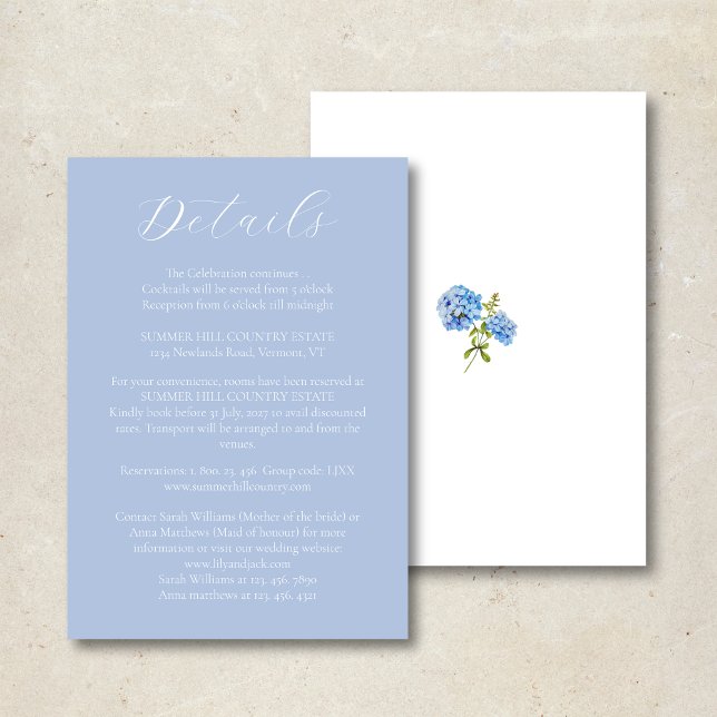 Chic Dusty Blue Hydrangea Wedding Details Card Dankeskarte (Von Creator hochgeladen)