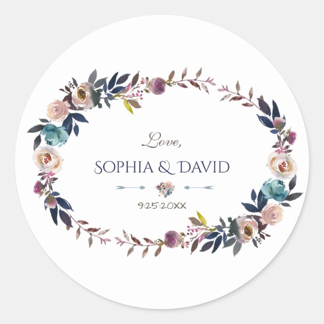 Chic Dusty Blue Misty Rose Wreath Wedding Runder Aufkleber (Vorderseite)