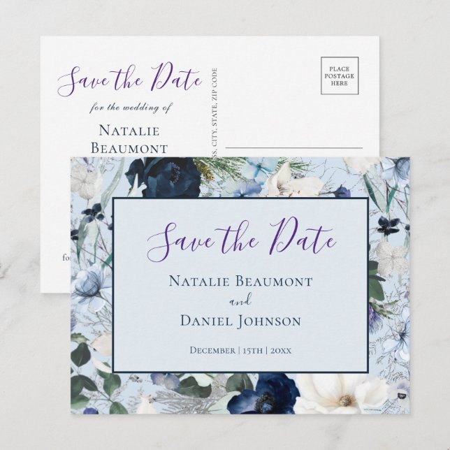 Chic Dusty Blue Navy Floral Save the Date Ankündigungspostkarte (Vorne/Hinten)