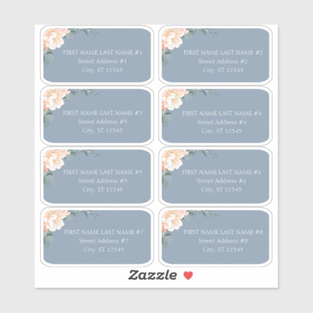 Chic Dusty Blue Peach Floral Wedding Guest Address Aufkleber (Blatt)