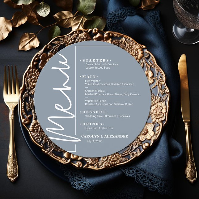 Chic Dusty Blue Round Menükarte (Chic dusty blue round menu is ready to be personalized for your sit-down dinner occasion.)