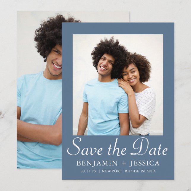 Chic Dusty Blue Script Foto Wedding Save the Date (Vorne/Hinten)