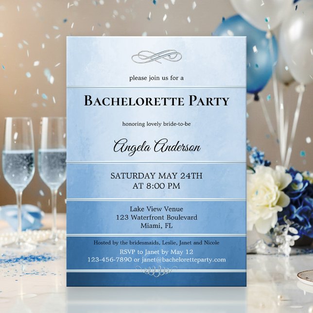 Chic Dusty Blue Striped Bachelorette Einladung (Bachelorette party invitation featuring a blue tone on tone striped design with a silver lining)