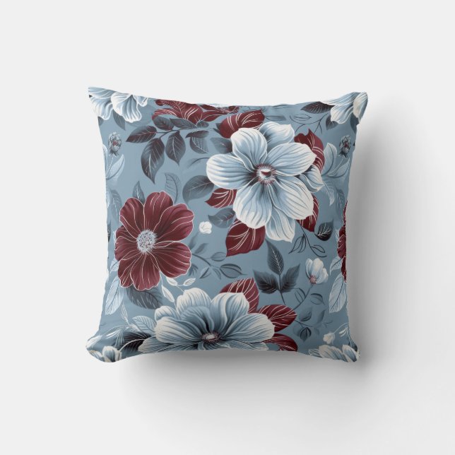 Chic Dusty Blue und Burgundy Blumenwirbel Kissen (Vorderseite)