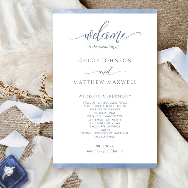 Chic Dusty Blue Watercolor Frame Wedding Program (Von Creator hochgeladen)