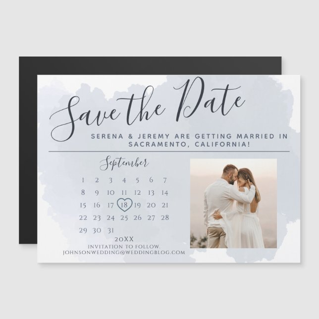 Chic Dusty Blue Watercolor Kalender Save the Date Magneteinladung (Vorne/Hinten)