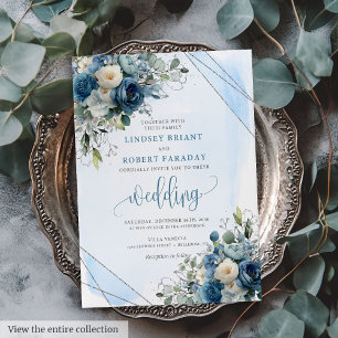 Chic Dusty Blue White Roses Silver Wedites Einladu Einladung