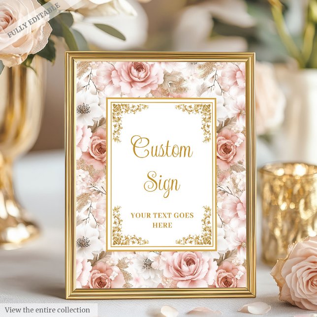 Chic Dusty Pink Blume Gold Wedding Tabletop Zeiche Poster (Elegant dusty pink flowers gold custom sign)