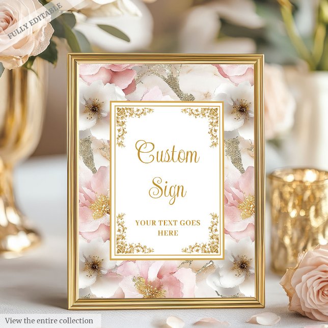 Chic dusty pink Blume und goldenes Hochzeitszeiche Poster (Chic dusty pink flowers and gold wedding 8x10 sign)