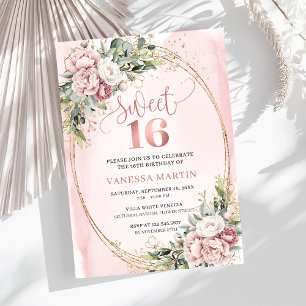 Chic Dusty Pink Blumen Eukalyptus 16. Geburtstag Einladung