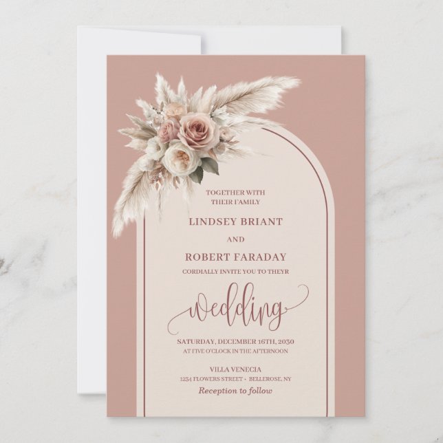 Chic Dusty Pink Pampas Rose Hochzeit Einladung (Vorderseite)