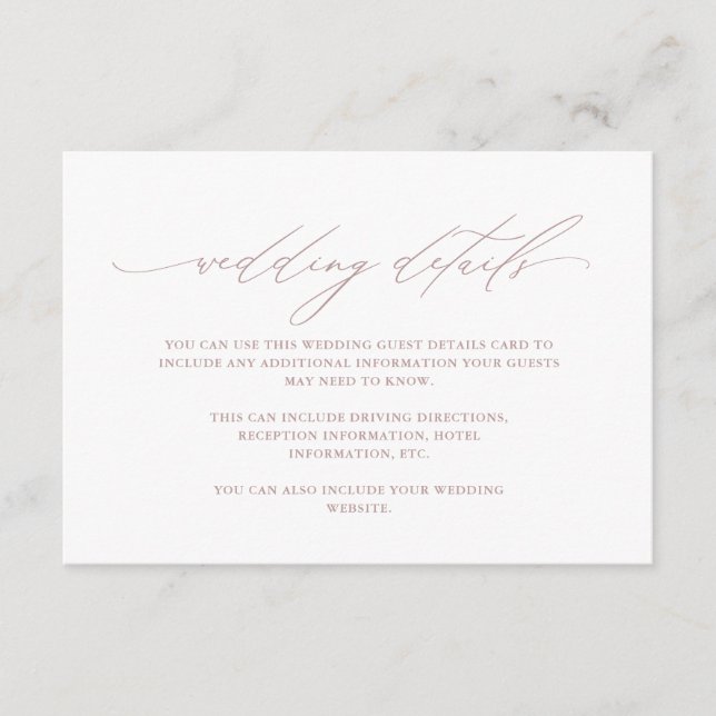 Chic Dusty Rose Calligraphy Wedding Guest Details Begleitkarte (Vorderseite)