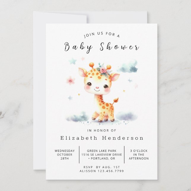 Chic Editable Giraffe Baby Dusche Einladung (Vorderseite)