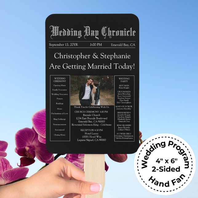 Chic Editable Newspaper Wedding Program QR Code Fächer (Custom Stylish Typography 1 Photo Black Newspaper Wedding Program)