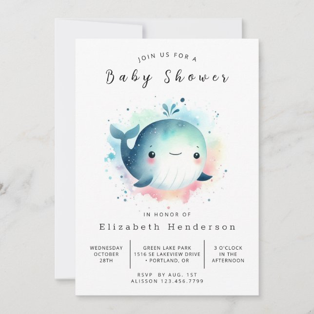Chic Editable Whale Baby Dusche Einladung (Vorderseite)