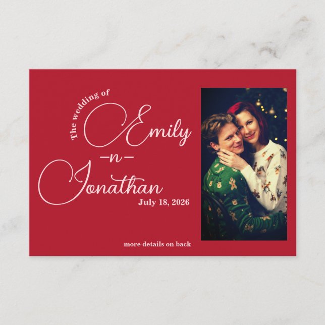 Chic Editorial Deep Red One Photo QR Code Wedding Begleitkarte (Vorderseite)