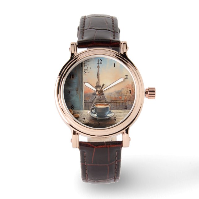 Chic Eiffel Tower Cafe Kaffeekarte Paris Armbanduhr (Vorderseite)