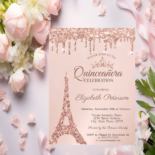 Chic Eiffel Tower, Rose Gold Tropfen Quinceañera Einladung