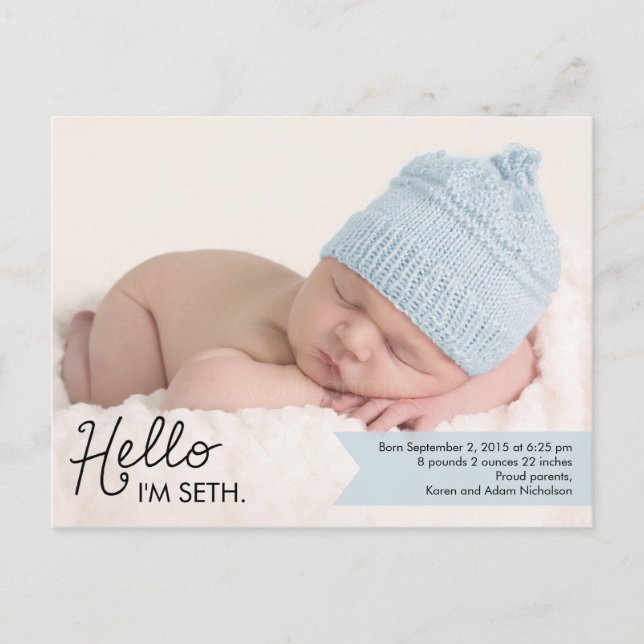 Chic Einführung Birth Announcement - Blue Ankündigungspostkarte (Vorderseite)