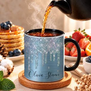 Chic eisblaues Aqua-glitzerndes Monogramm Tasse