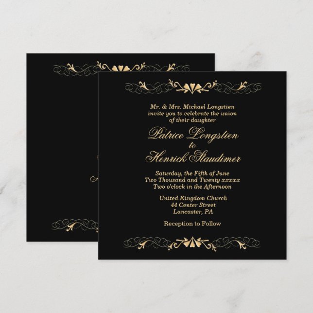 Chic Elegance Black and Gold Hochzeit Einladung (Vorne/Hinten)