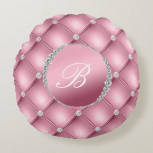 Chic Elegance Pink und Diamonds Mit Monogramm Rundes Kissen