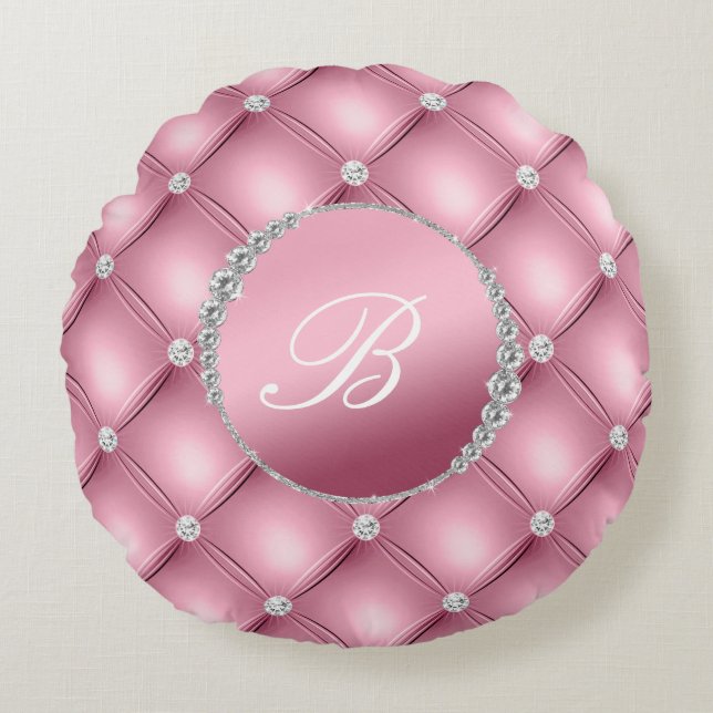Chic Elegance Pink und Diamonds Mit Monogramm Rundes Kissen (Vorderseite)