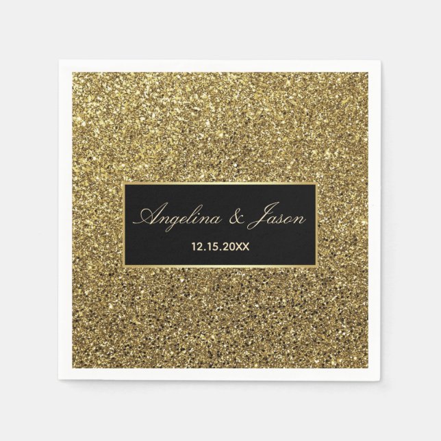 Chic Elegane Luxury Black and Gold Glitzer Hochzei Serviette (Vorderseite)