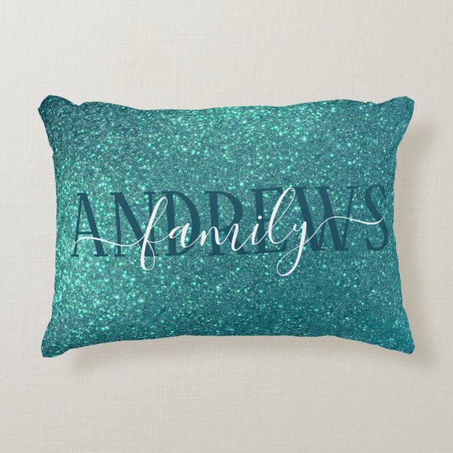 Chic Elegant Aquamarin Blue Funkelnd Glitzer Famil Dekokissen (Vorderseite)